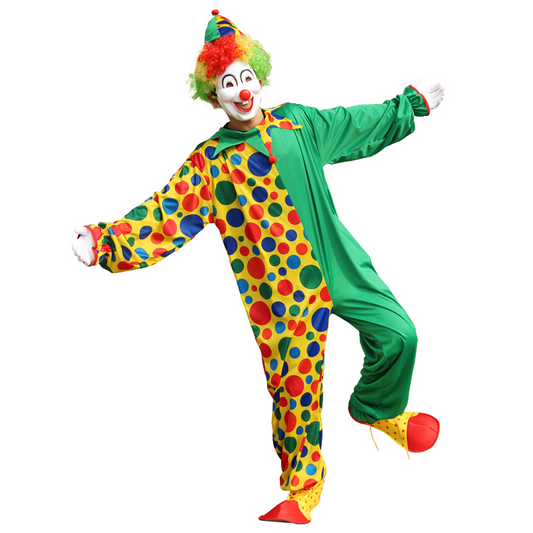 Groene Gestipte Clown Jumpsuit – 2-Delige Verkleedset voor Heren met Hoed
