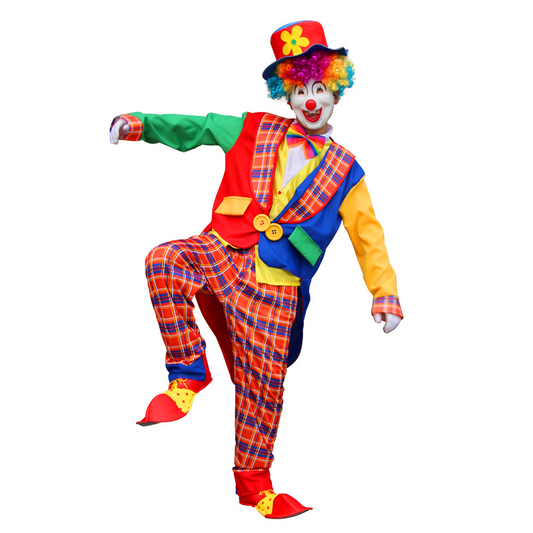 Kleurrijk Clown Kostuum – 4-Delige Set met Jas, Broek, Hoed en Stropdas