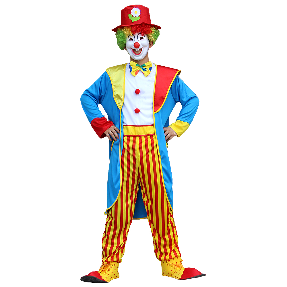 Clown Kostuum Blauw/Geel โ 3-Delige Set met Jas, Gestreepte Broek en Hoed