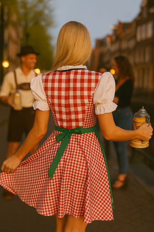 Oktoberfest Dirndl – Ladies – Fancy Dress Outfit for Oktoberfest & Carnival – Green/Red