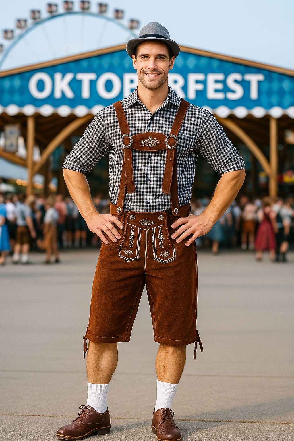 Grijs Oktoberfest Kostuum met Bruine Lederhosen – Heren