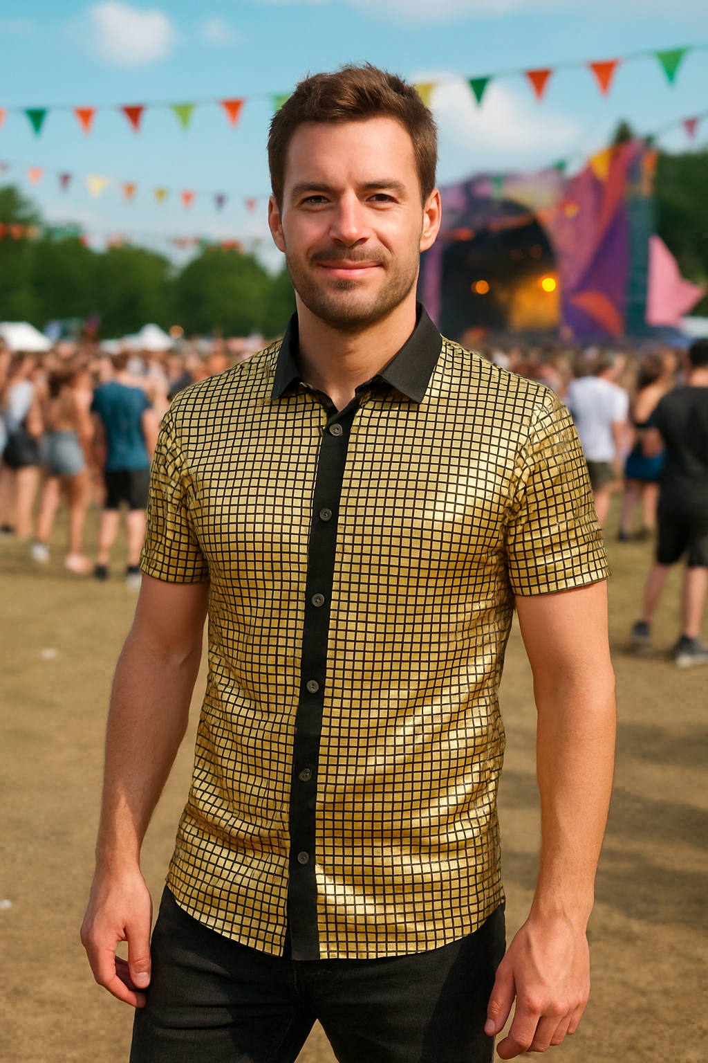 Heren Gouden Disco Blouse – Metallic Jaren 70 Feestblouse met Korte Mouwen