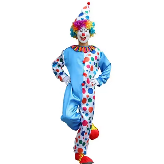 Clown Kostuum Blauw/Wit – Met Stippen & Hoed | 2-Delige Jumpsuit Set
