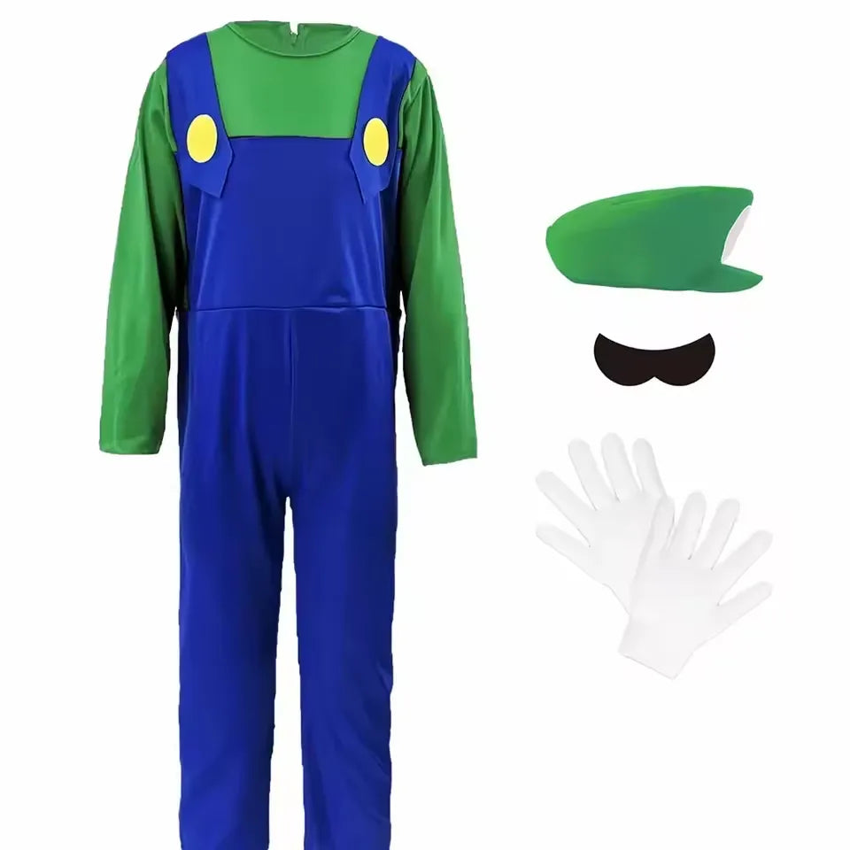 Luigi Plumber Costume - Green Jumpsuit with Hat, Mustache & Gloves - Men