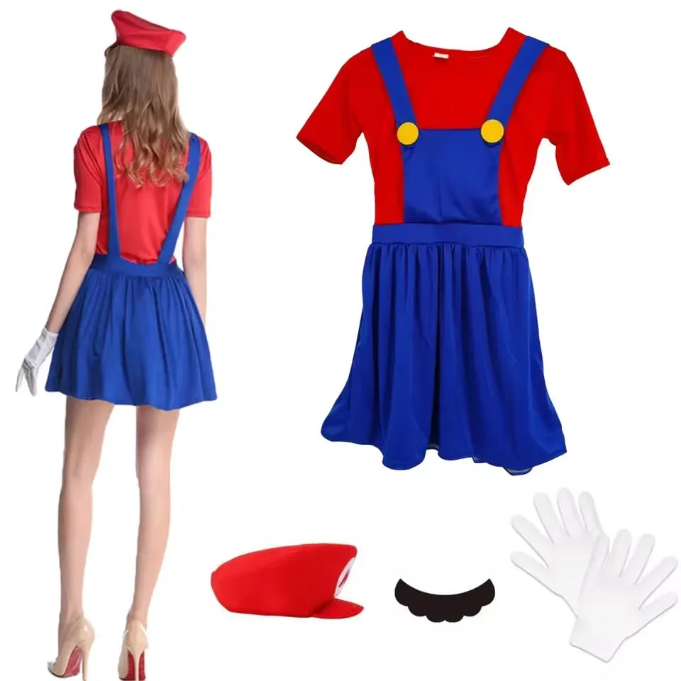 Mario Plumber Costume - Red Jumpsuit with Hat, Mustache & Gloves - Women