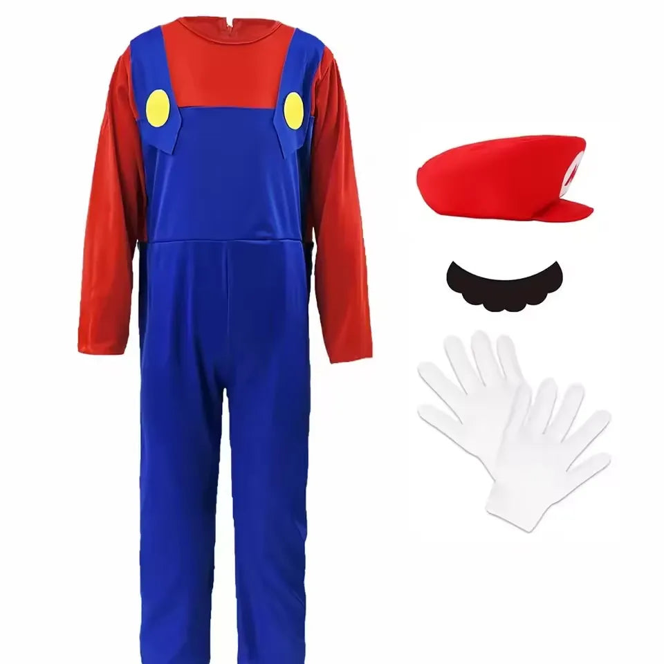 Mario Loodgieter Kostuum - Rode Jumpsuit met Hoed, Snor & Handschoenen - Heren