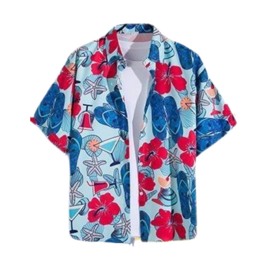 Hawaii Party Blouse – Lichtblauw met Rood/Wit/Blauw – Heren