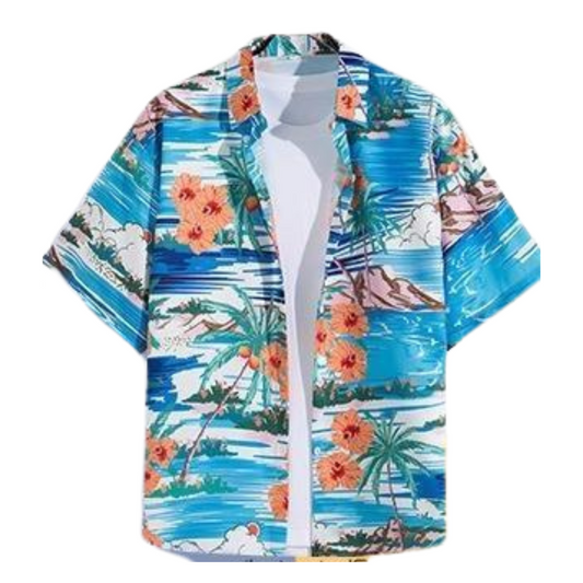 Hawaii Party Blouse – Blauw met Oranje Bloemen – Heren