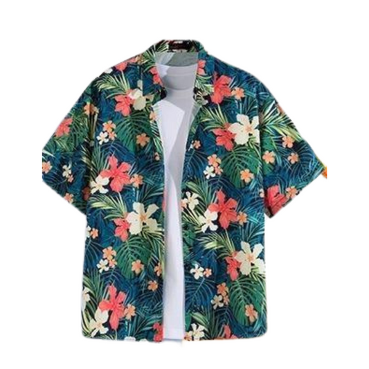 Hawaii Party Blouse – Donkerblauw met Wit/Roze Bloemen – Heren