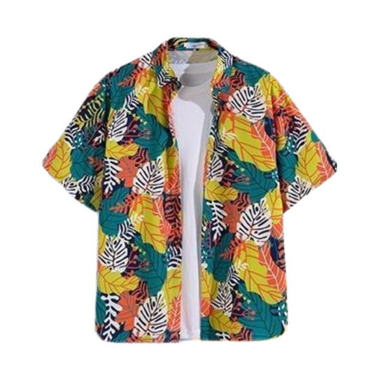 Hawaii Party Blouse – Groen/Geel/Wit met Bladeren – Heren
