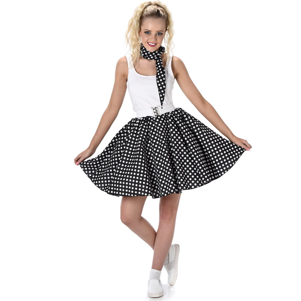 50’s Polkadot Rok & Sjaaltje Dames – Zwart 2-Delig Rock & Roll Kostuum