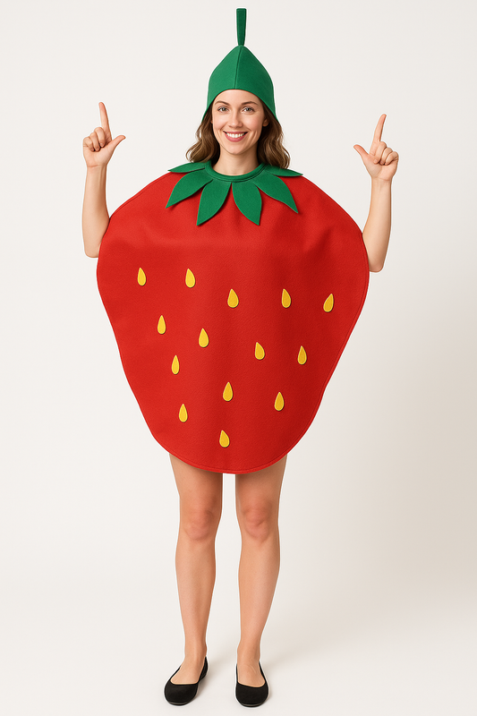 Aardbeien Kostuum Dames – Maat S – 2-Delige Fruit Kostuumset met Hoofddeksel