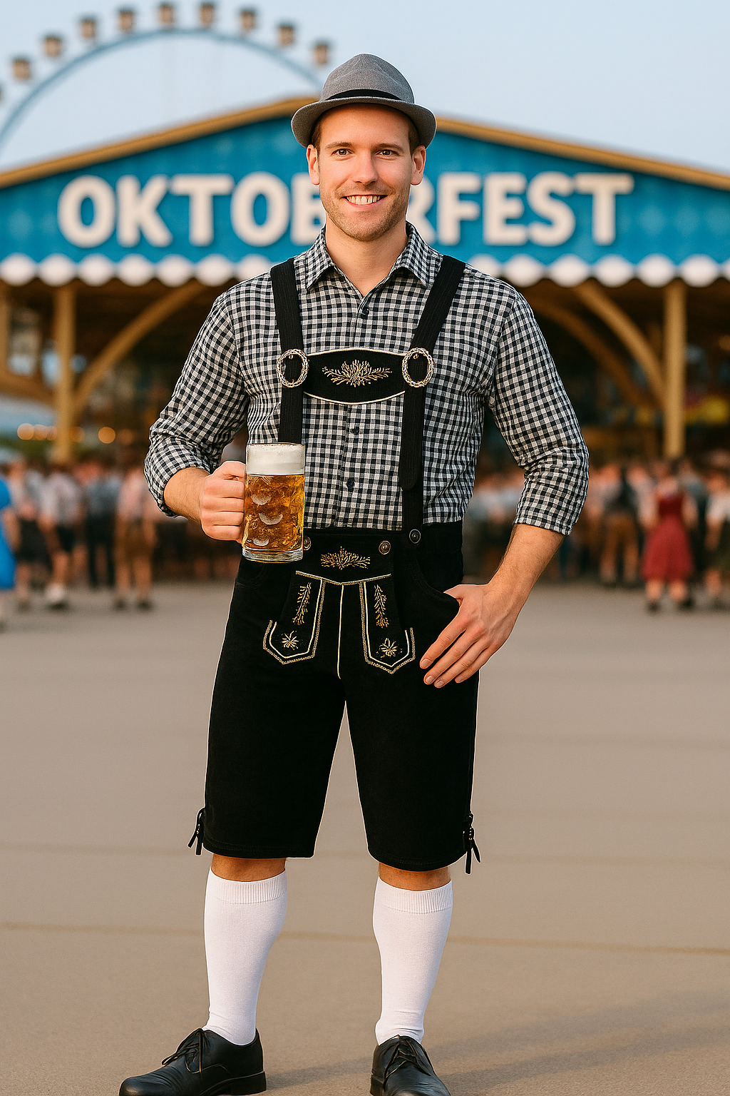 Grijs Oktoberfest Kostuum met Zwarte Lederhosen – Heren