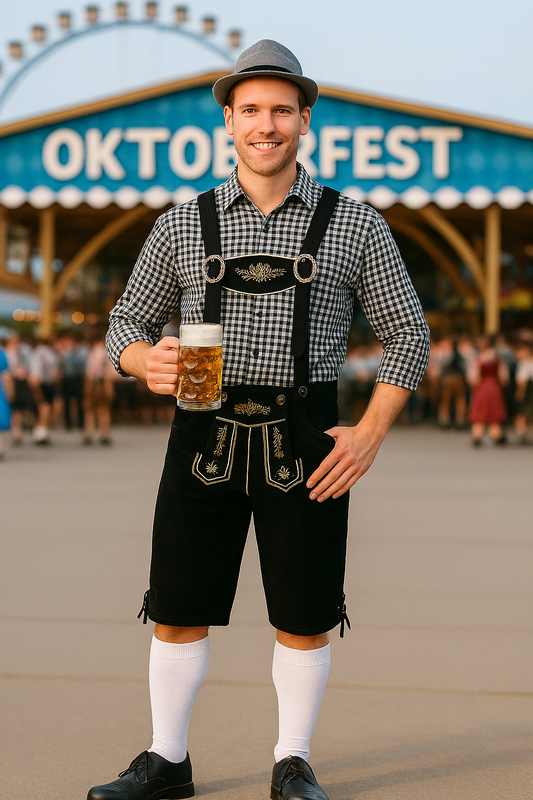 Grijs Oktoberfest Kostuum met Zwarte Lederhosen – Heren