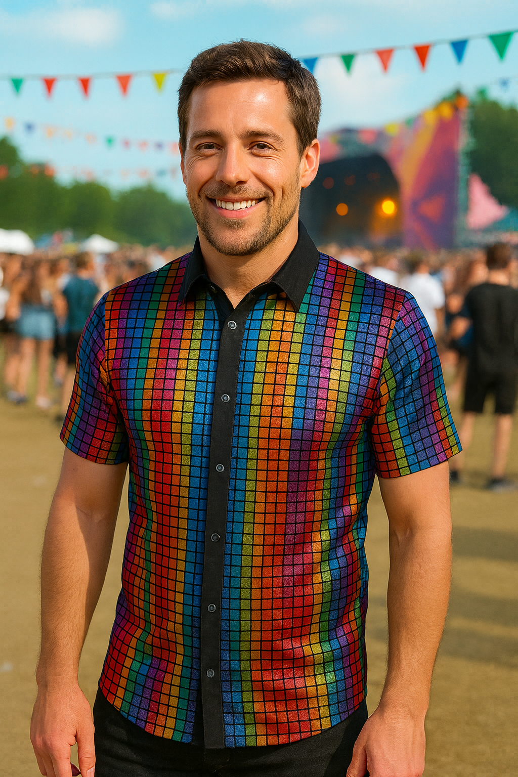 Heren Regenboog Disco Blouse – Metallic Regenboogkleuren met Steentjes – Jaren 70 Feestblouse Korte Mouwen