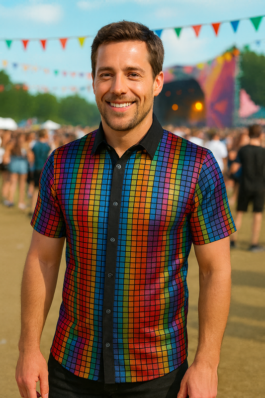 Heren Regenboog Disco Blouse – Metallic Regenboogkleuren met Steentjes – Jaren 70 Feestblouse Korte Mouwen