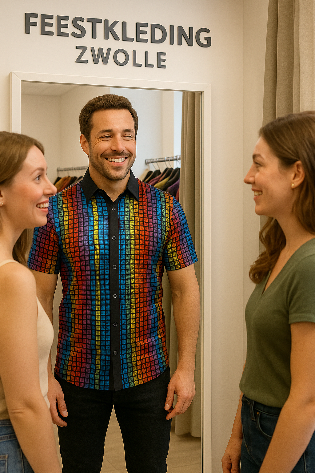 Heren Regenboog Disco Blouse – Metallic Regenboogkleuren met Steentjes – Jaren 70 Feestblouse Korte Mouwen