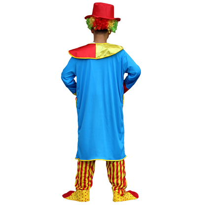 Clown Kostuum Blauw/Geel – 3-Delige Set met Jas, Gestreepte Broek en Hoed
