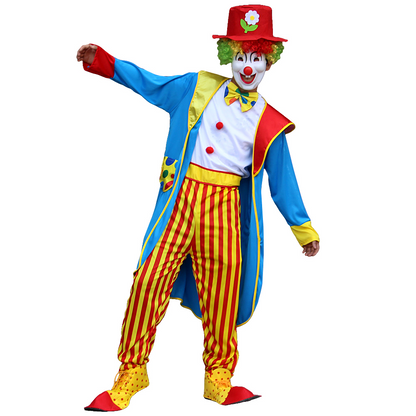 Clown Kostuum Blauw/Geel – 3-Delige Set met Jas, Gestreepte Broek en Hoed