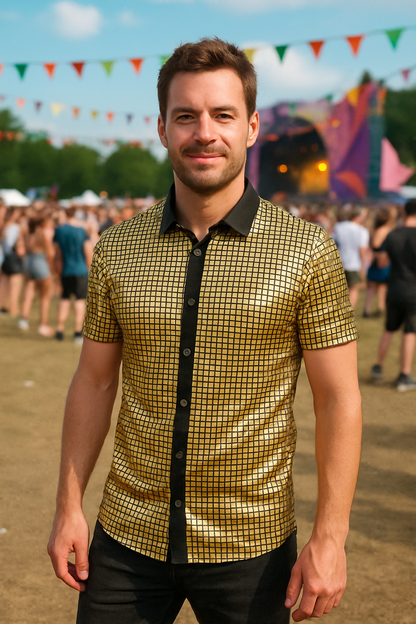 Heren Gouden Disco Blouse – Metallic Jaren 70 Feestblouse met Korte Mouwen