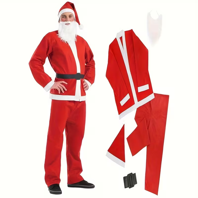 Kerstman Kostuum 6-Delige Set – Hoed, Baard, Jas, Broek & Riem – One Size