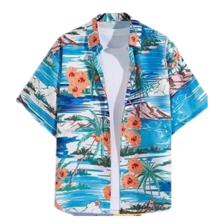 Hawaii Party Blouse โ Blauw met Oranje Bloemen โ Herenย