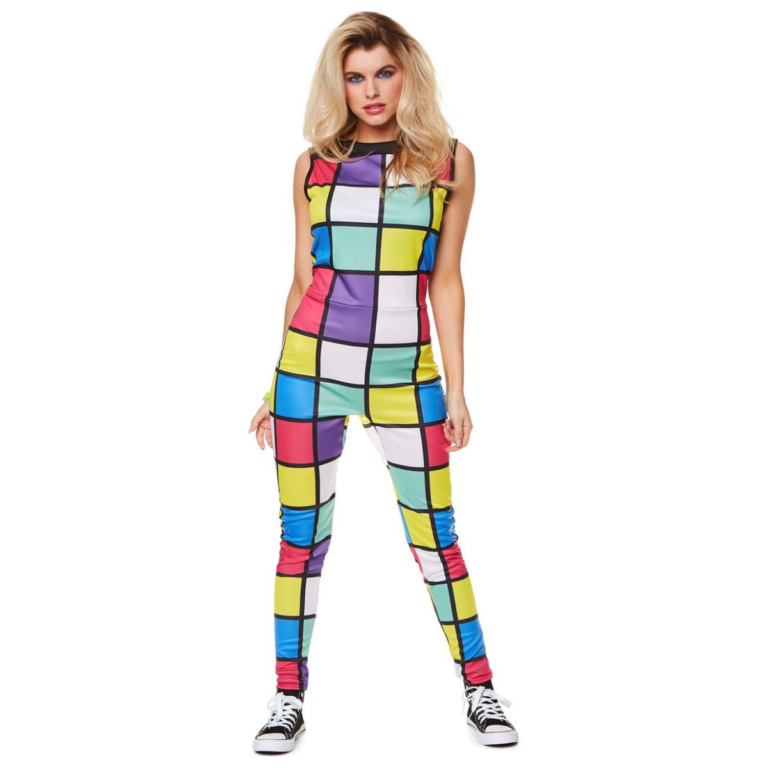 80’s Disco Jumpsuit Dames – Rubiks Cube Print