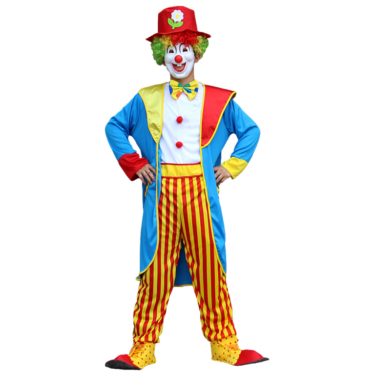 Clown Kostuum Blauw/Geel – 3-Delige Set met Jas, Gestreepte Broek en Hoed