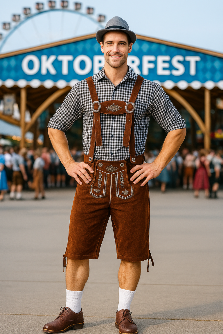 Grijs Oktoberfest Kostuum met Bruine Lederhosen โ Herenย