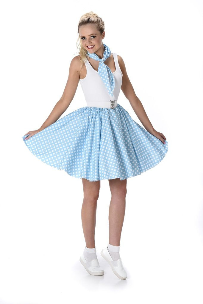 Jaren 50 Polkadot Rok Dames – Lichtblauw met Witte Stippen