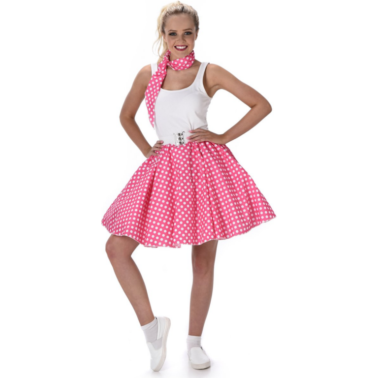 Jaren 50 Polkadot Rok & Sjaaltje – Donkerroze 2-delig Dames 