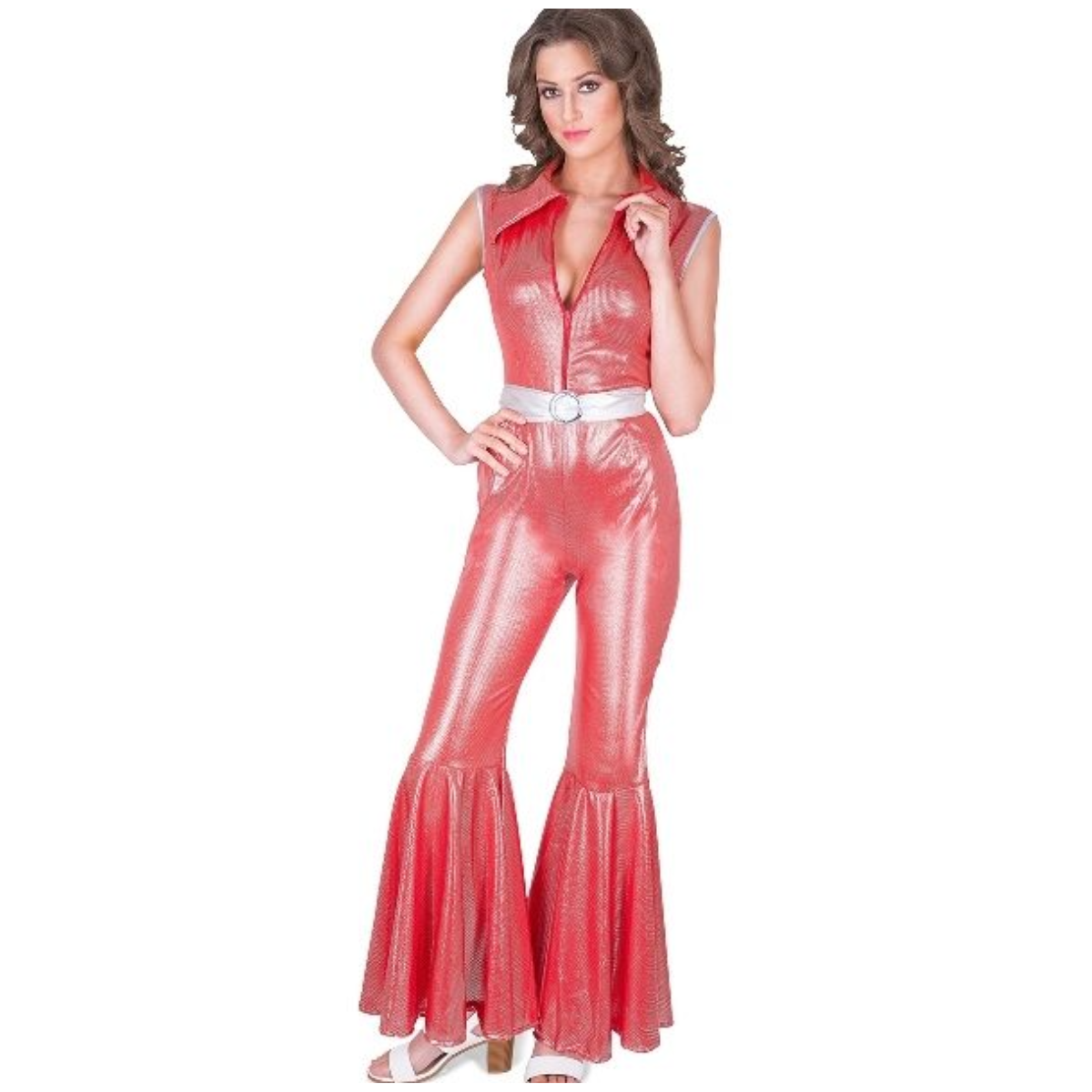 Rode Disco Diva Jumpsuit Dames – Jaren 70 Kostuum met Zilveren Riem