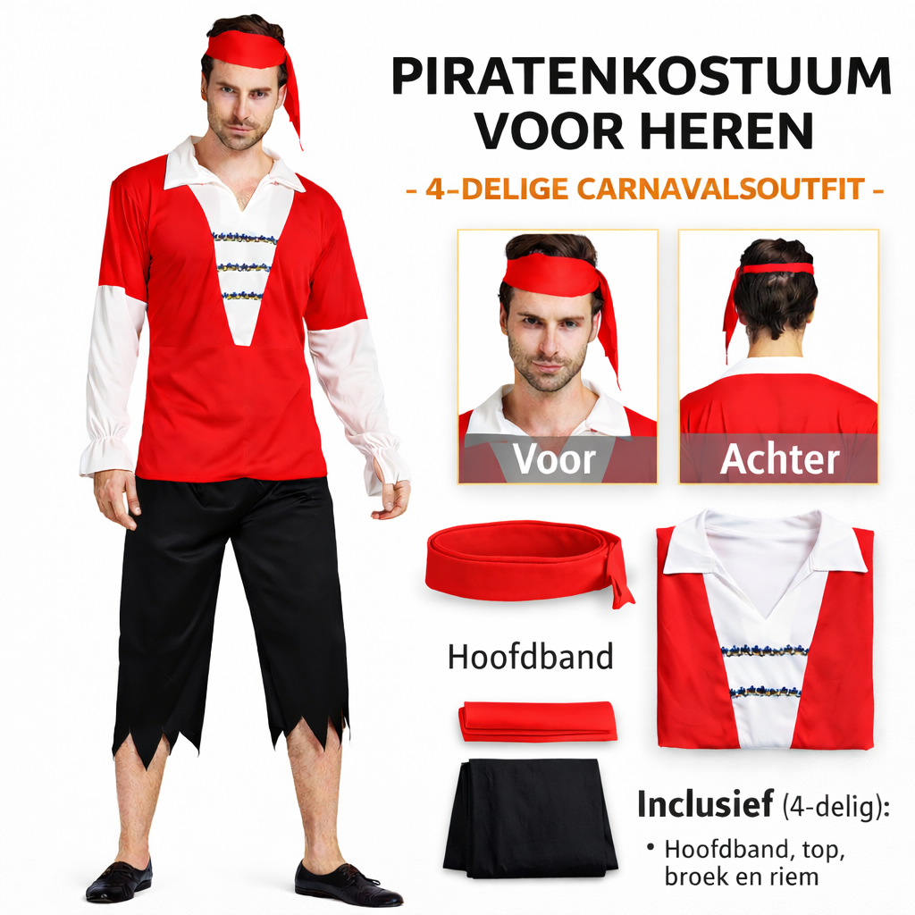 Rood-wit piratenpak voor heren – 4-delig