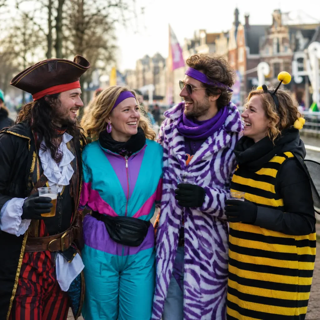 Vrienden in kleurrijke carnavalskostuums tijdens carnaval