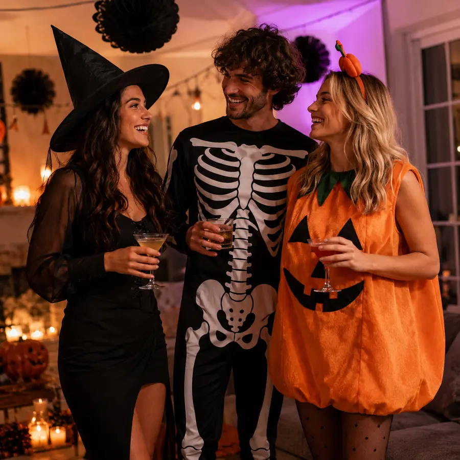 Vrienden in verschillende Halloween kostuums tijdens een feest